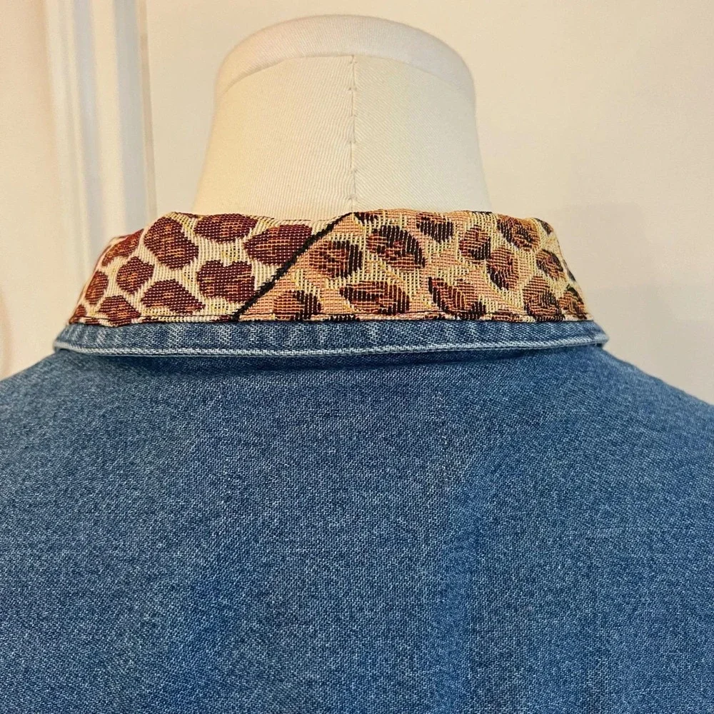 Vintage TanTrums Blue Cotton Denim Patchwork Animal Print Safari Jacket Medium